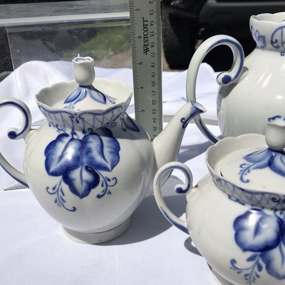 Rare Vtg Russian (USSR) Soviet Antq DULEVO Dapko Blue Floral Porcelain Tea Set - Picture 13 of 16